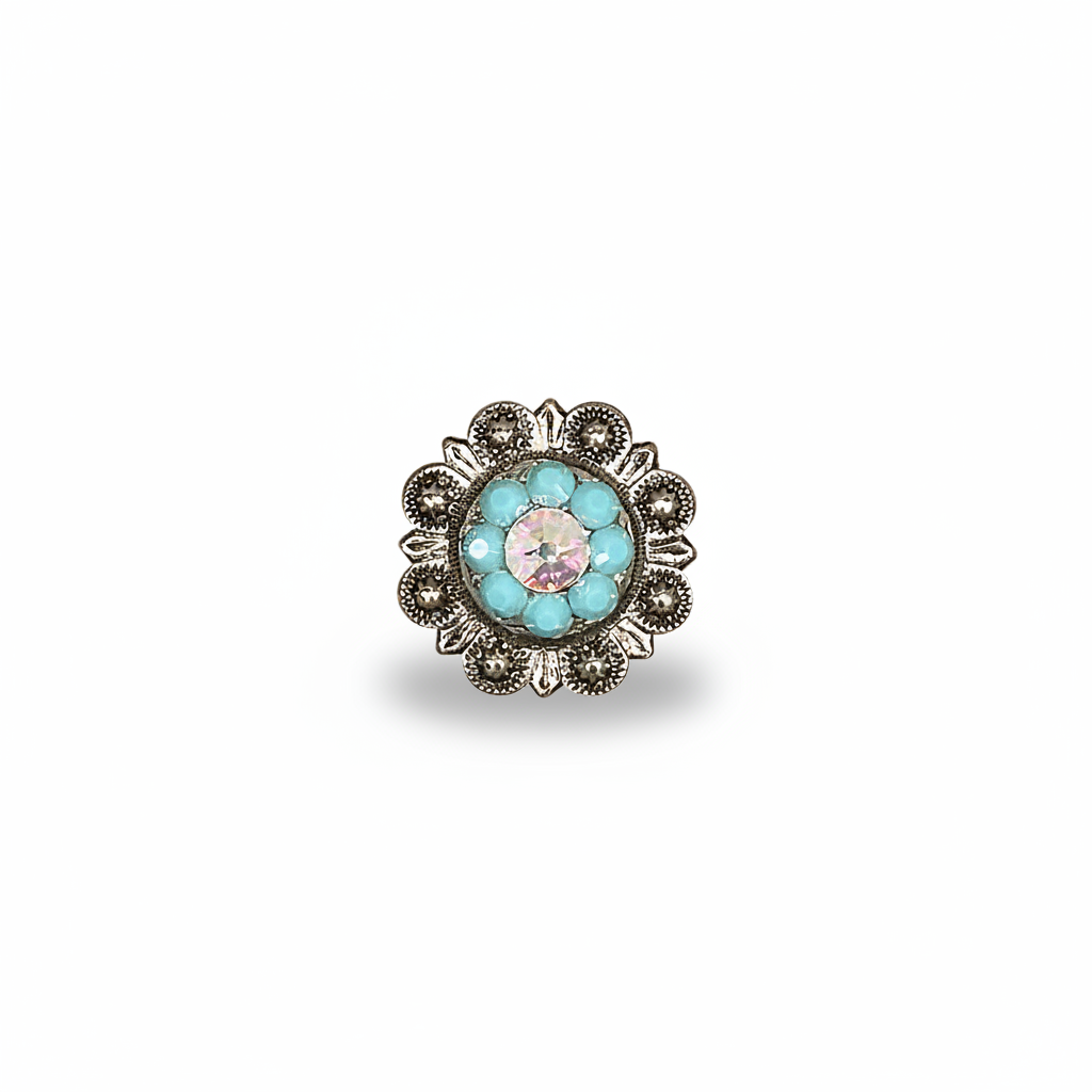 Antique Silver Turquoise - AB Crystal Conchos | Sizes 1"- 3" | Buckles | Saddle Set | Leather Rosettes | Slide