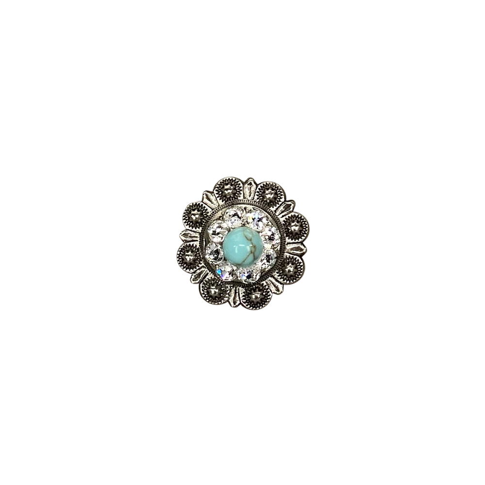 Antique Silver Turquoise, Clear Crystal Conchos - Sizes from 1"- 3" and Buckles