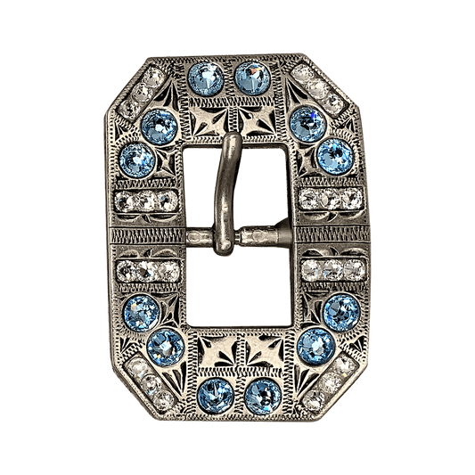 Aqua & Clear Antique Silver European Crystal Square Cart Buckle - RODEO DRIVE