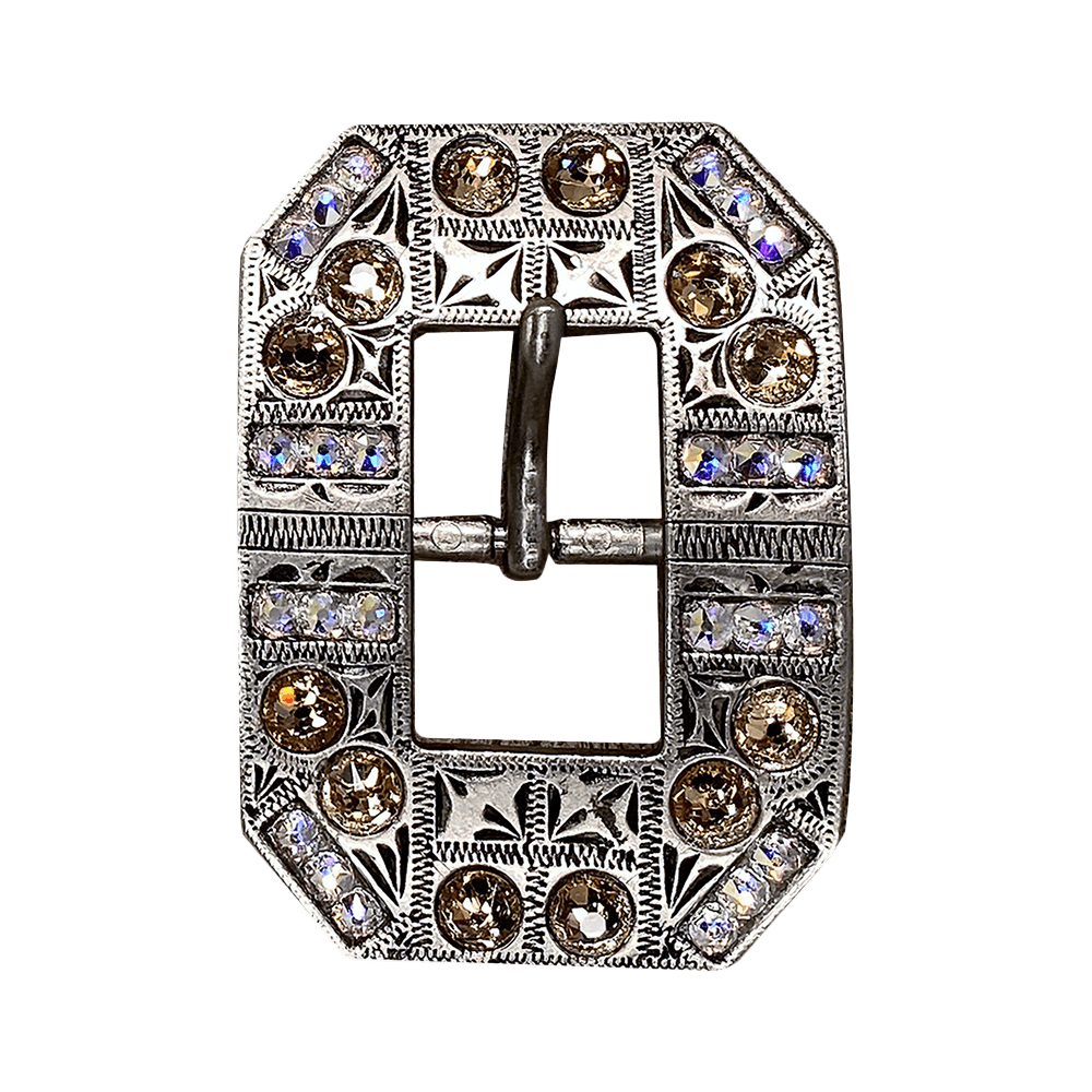 Champagne & AB Antique Silver European Crystal Square Cart Buckle - RODEO DRIVE
