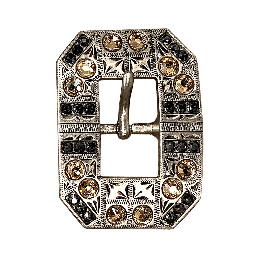 Champagne & Jet Antique Silver European Crystal Square Cart Buckle - RODEO DRIVE