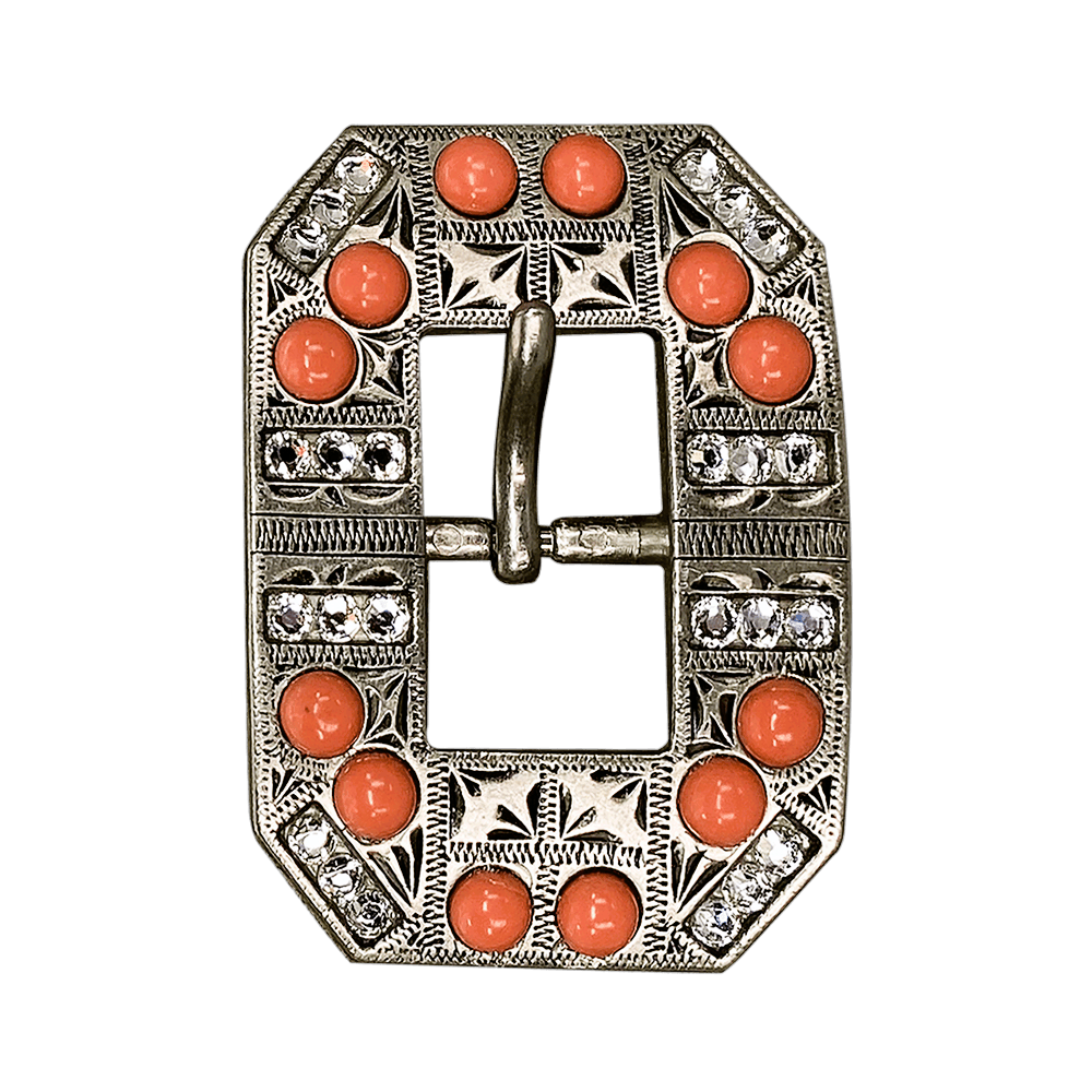 Fashion Coral & Clear Antique Silver European Crystal Square Cart Buckle - RODEO DRIVE