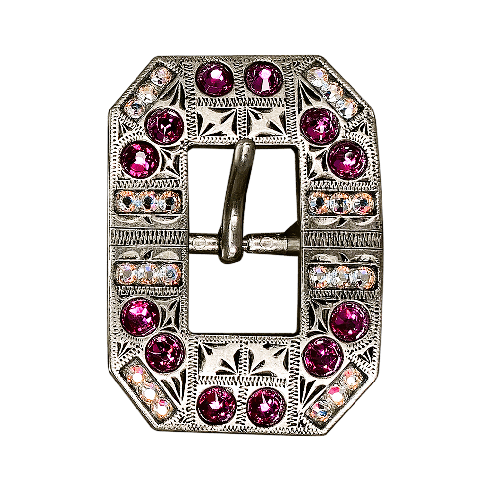 Fuchsia & AB Antique Silver European Crystal Square Cart Buckle - RODEO DRIVE