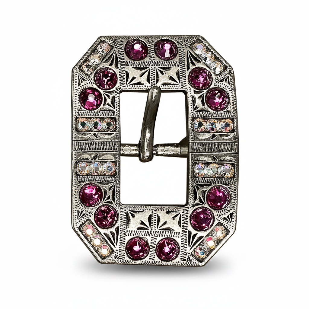 Antique Silver Fuchsia - AB Crystal Conchos | Sizes 1"- 3" | Buckles | Saddle Set | Leather Rosettes | Slide