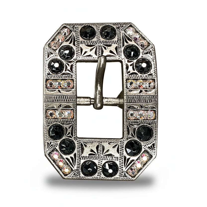Antique Silver Jet - AB Crystal Conchos | Sizes 1"- 3" | Buckles | Saddle Set | Leather Rosettes | Slide