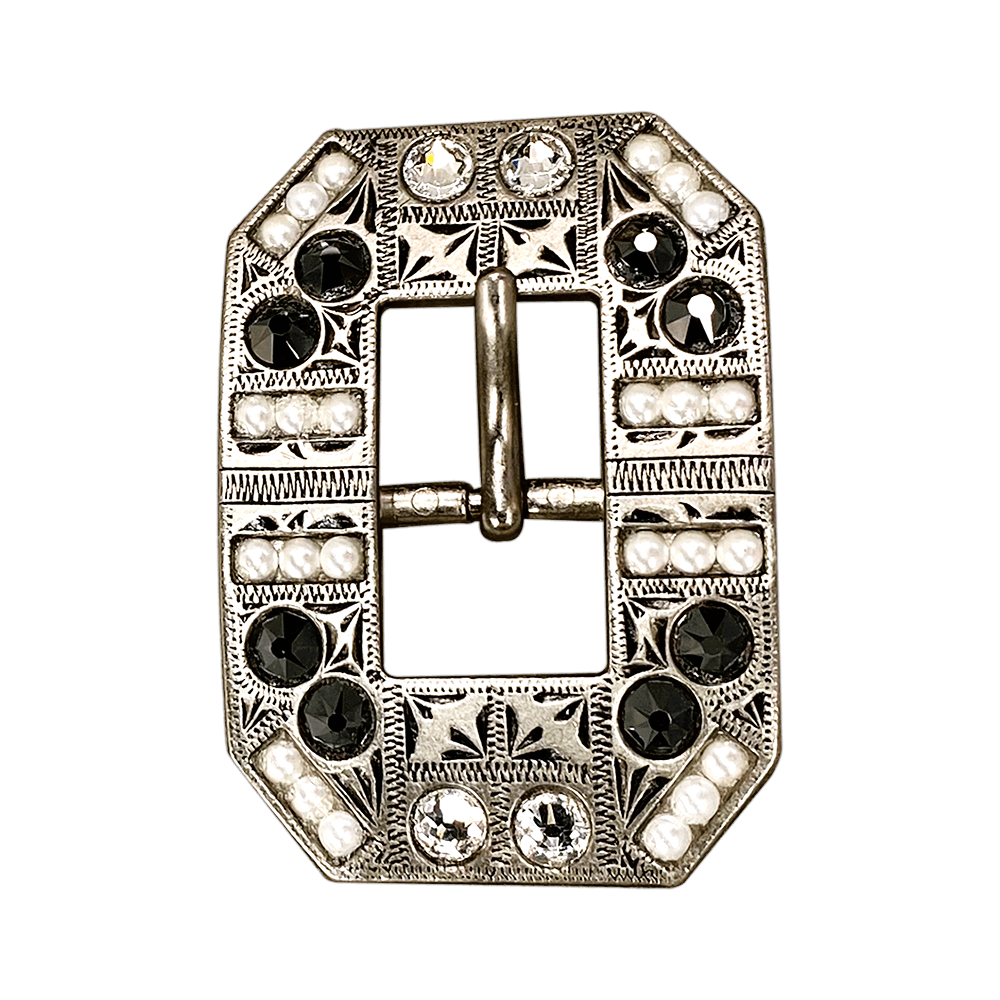 Jet, Pearl & Clear Antique Silver European Crystal Square Cart Buckle - RODEO DRIVE