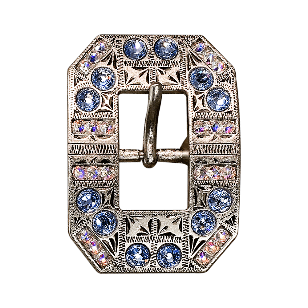 Light Sapphire & AB Antique Silver Square Cart Buckle European Crystal Concho - RODEO DRIVE