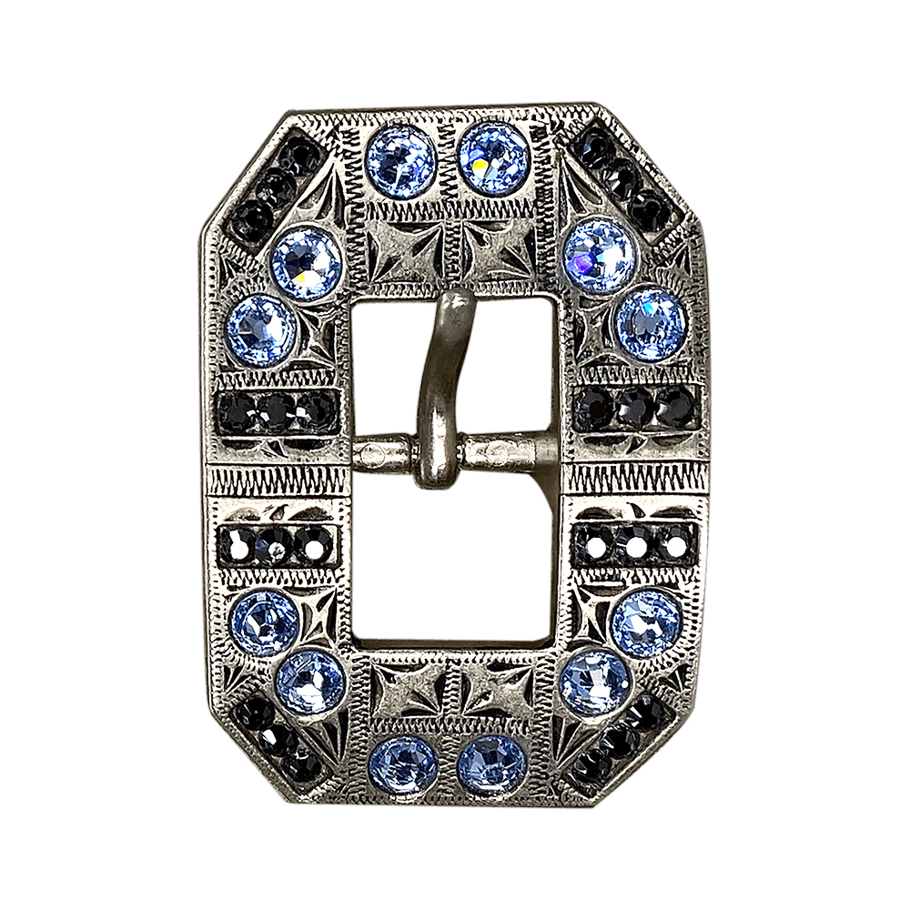 Light Sapphire & Jet Antique Silver Square Cart Buckle European Crystal Concho - RODEO DRIVE