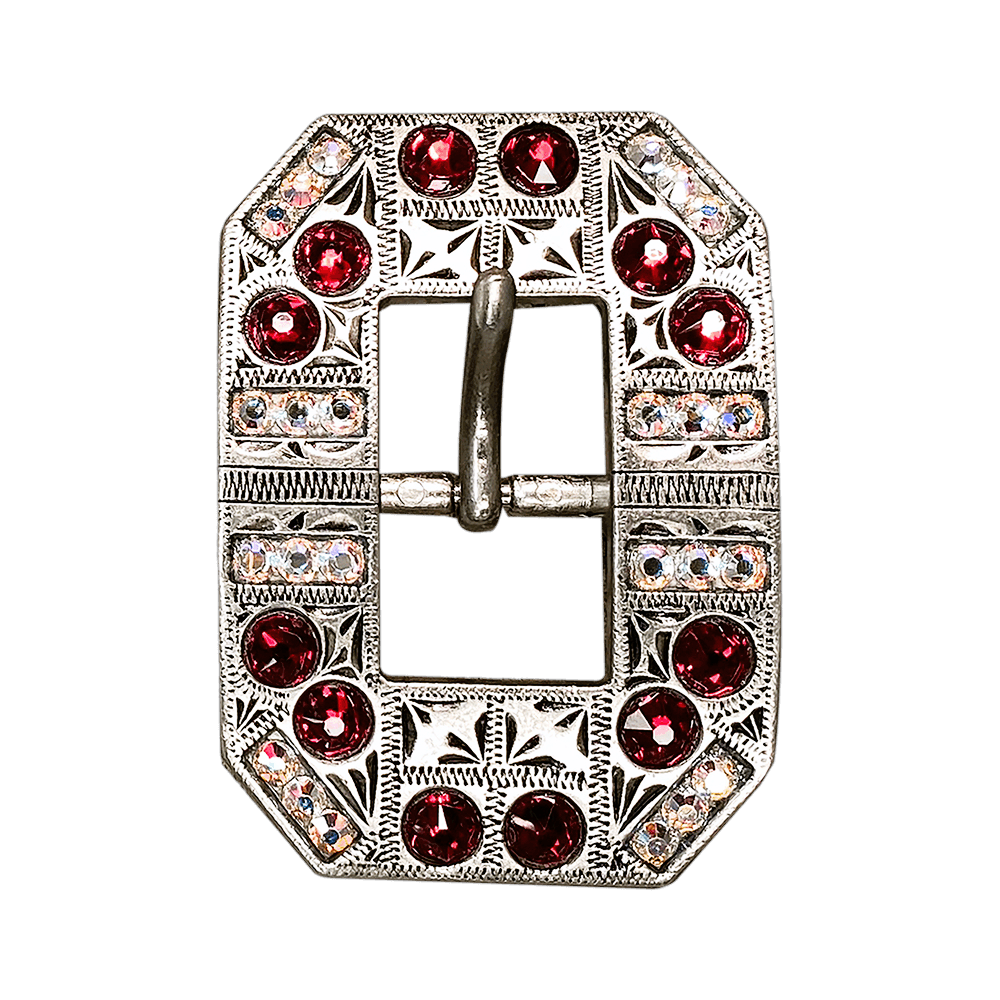 Red & AB Antique Silver European Crystal Square Cart Buckle - RODEO DRIVE
