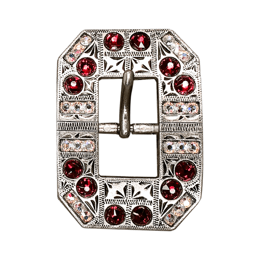 Red & AB Antique Silver European Crystal Square Cart Buckle - RODEO DRIVE