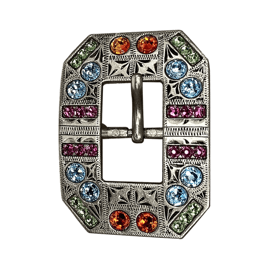 Tie Dye Antique Silver European Crystal Square Cart Buckle - RODEO DRIVE