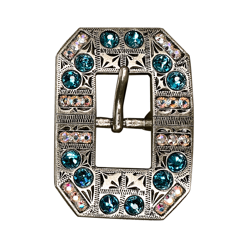 Teal & AB Antique Silver European Crystal Square Cart Buckle - RODEO DRIVE