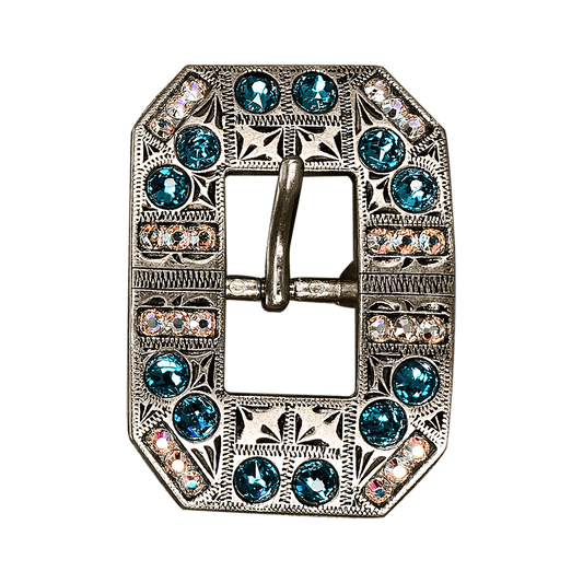 Teal & AB Antique Silver European Crystal Square Cart Buckle - RODEO DRIVE