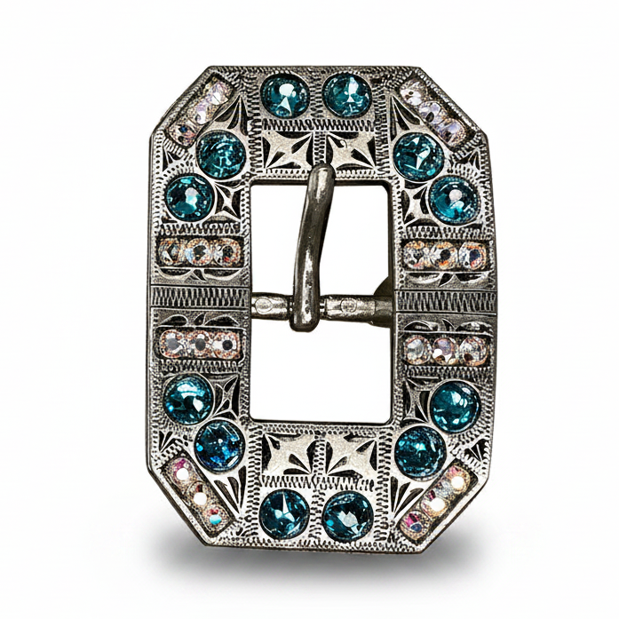 Antique Silver Teal - AB Crystal Conchos | Sizes 1"- 3" | Buckles | Saddle Set | Leather Rosettes | Slide