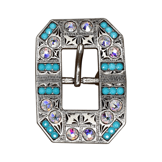 Turquoise & AB Antique Silver European Crystal Square Cart Buckle - RODEO DRIVE