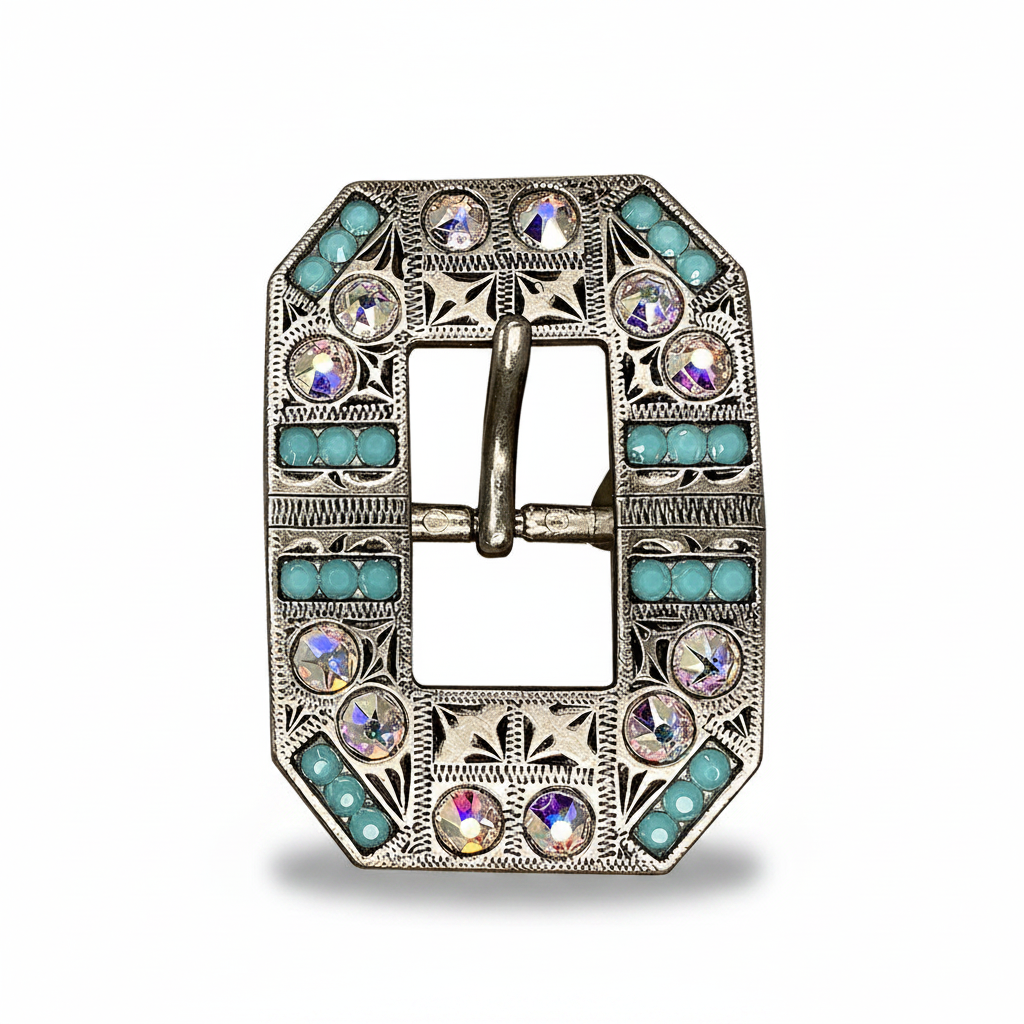 Antique Silver Turquoise - AB Crystal Conchos | Sizes 1"- 3" | Buckles | Saddle Set | Leather Rosettes | Slide