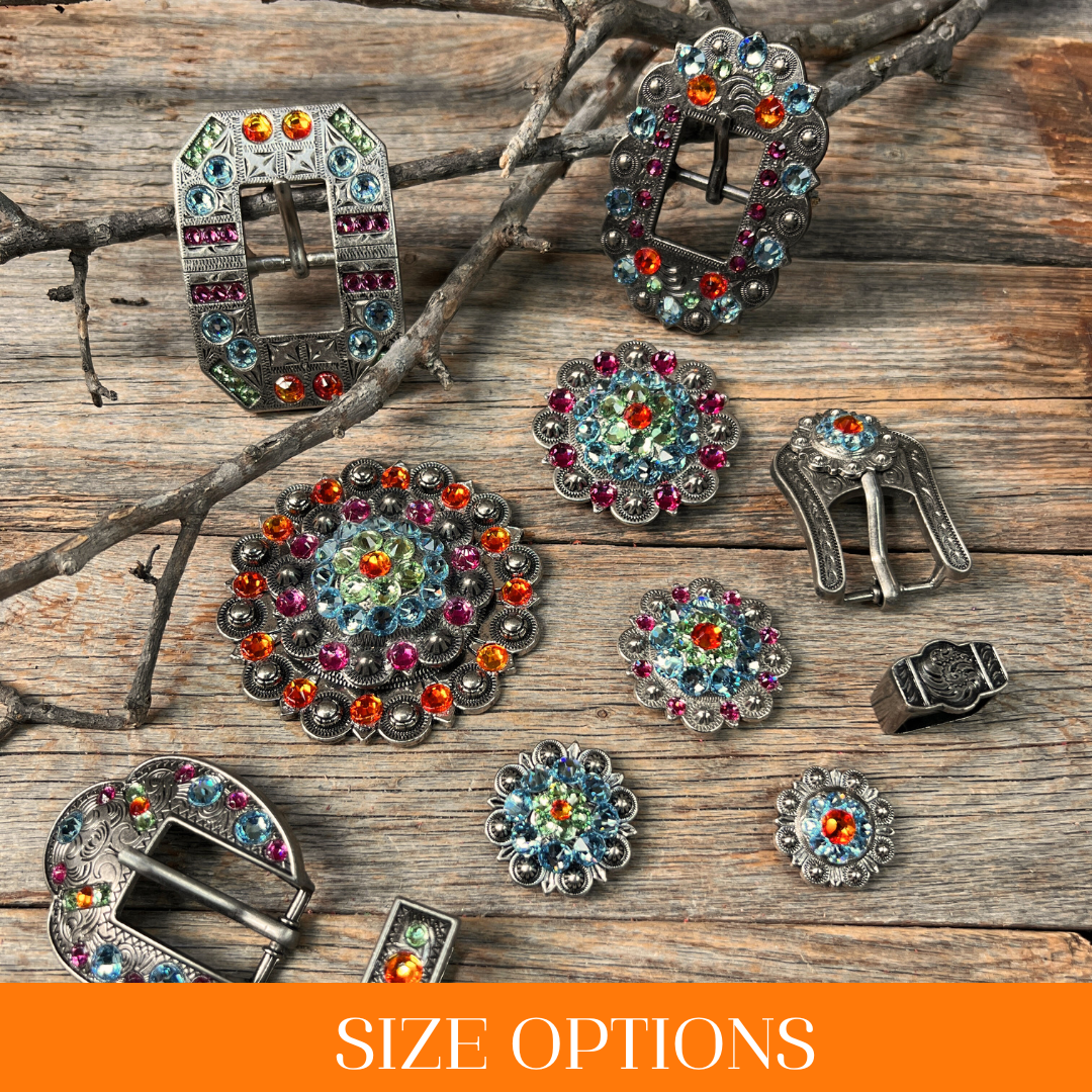 Antique Silver Tie Dye Crystal Conchos - Sizes from 1"- 3" and Buckles