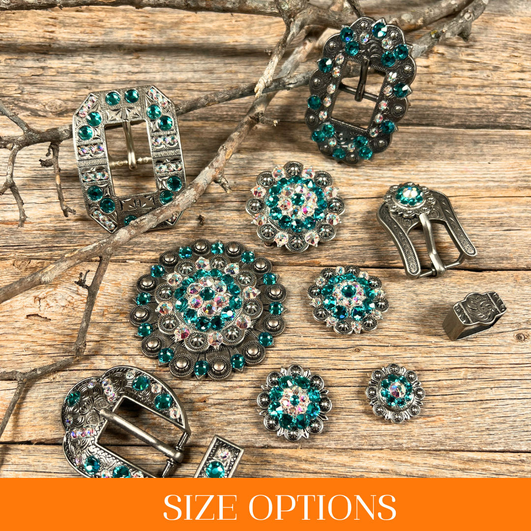 Antique Silver Teal, AB Crystal Conchos - Sizes from 1