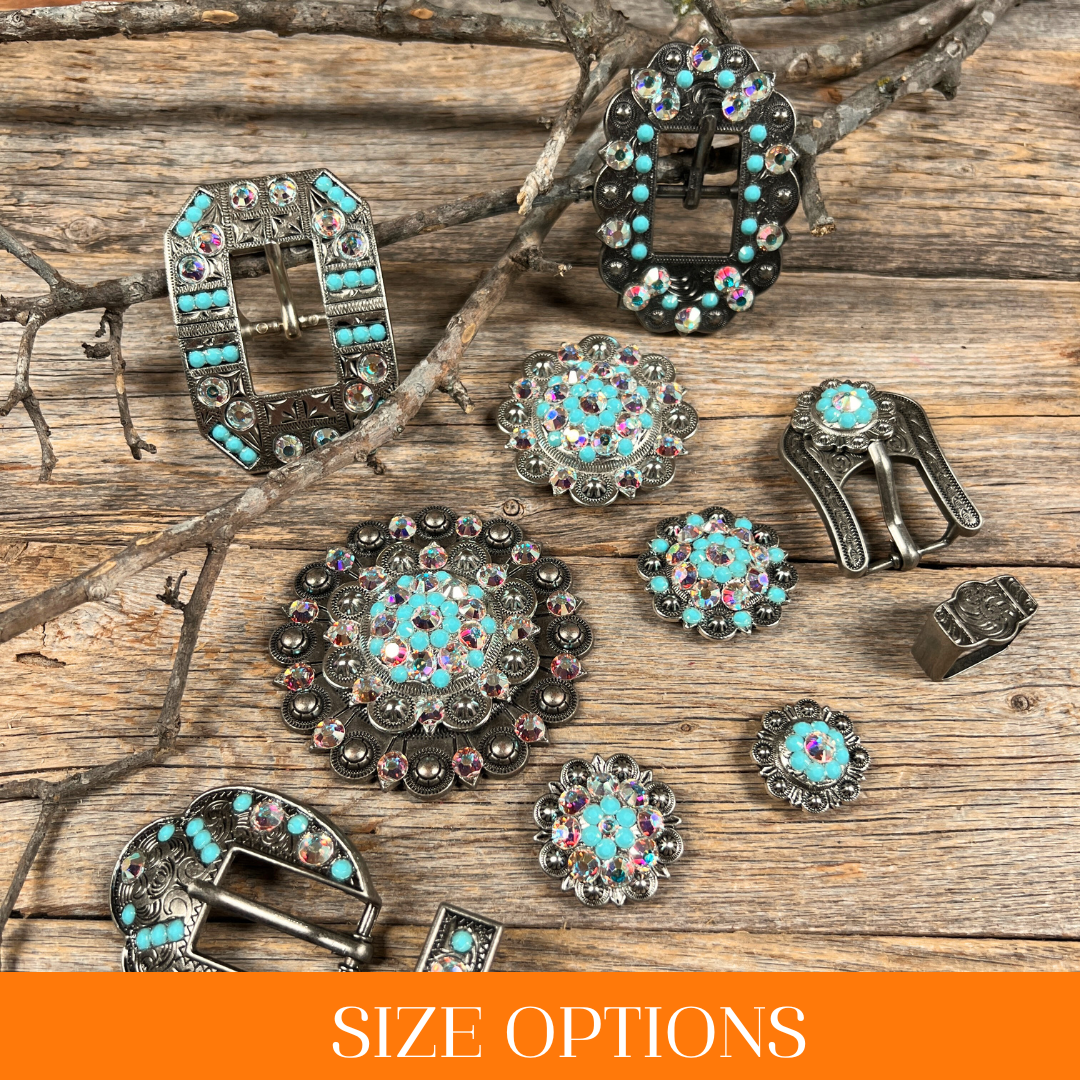 Antique Silver Turquoise, AB Crystal Conchos - Sizes from 1"- 3" and Buckles