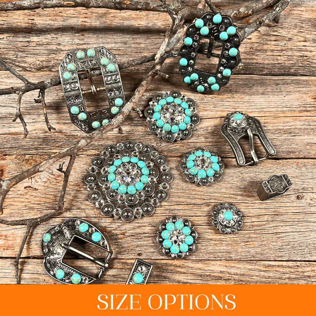 Antique Silver Turquoise, Clear Crystal Conchos - Sizes from 1