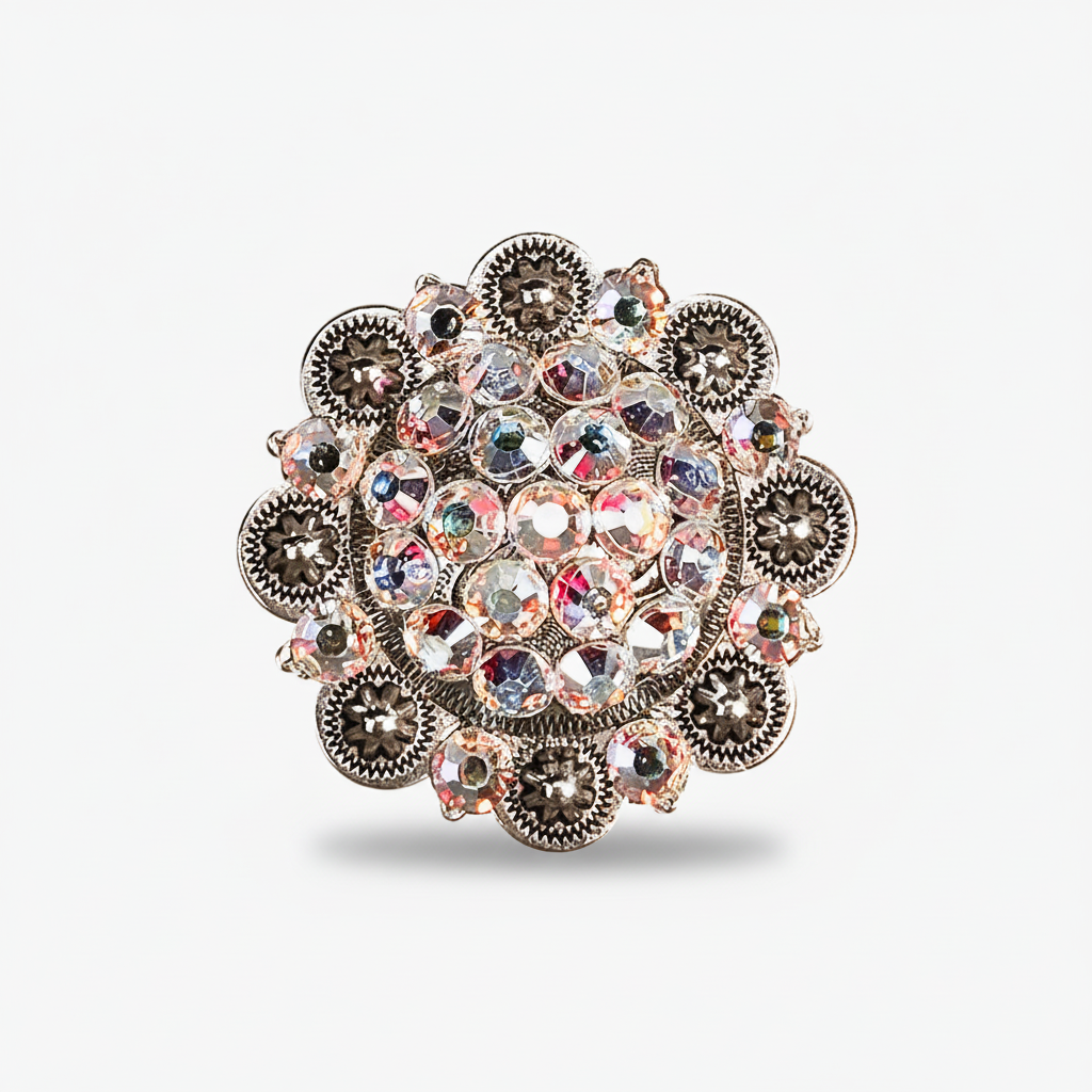 Antique Silver AB Crystal Conchos | Sizes 1"- 3" | Buckles | Saddle Set | Leather Rosettes | Slide