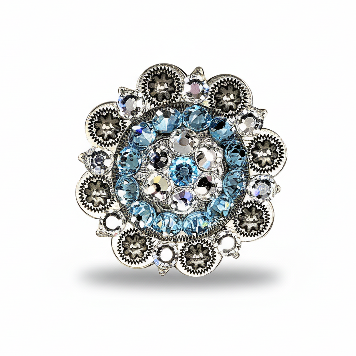 Antique Silver Aqua  - Clear Crystal Conchos | Sizes 1"- 3" | Buckles | Saddle Set | Leather Rosettes | Slide