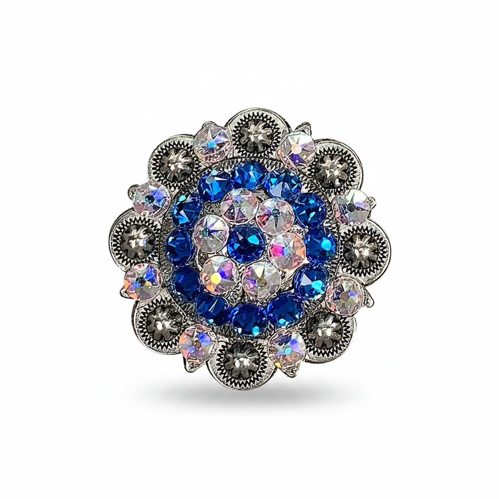 Antique Silver Capri - AB Crystal Conchos | Sizes 1"- 3" | Buckles | Saddle Set | Leather Rosettes | Slide