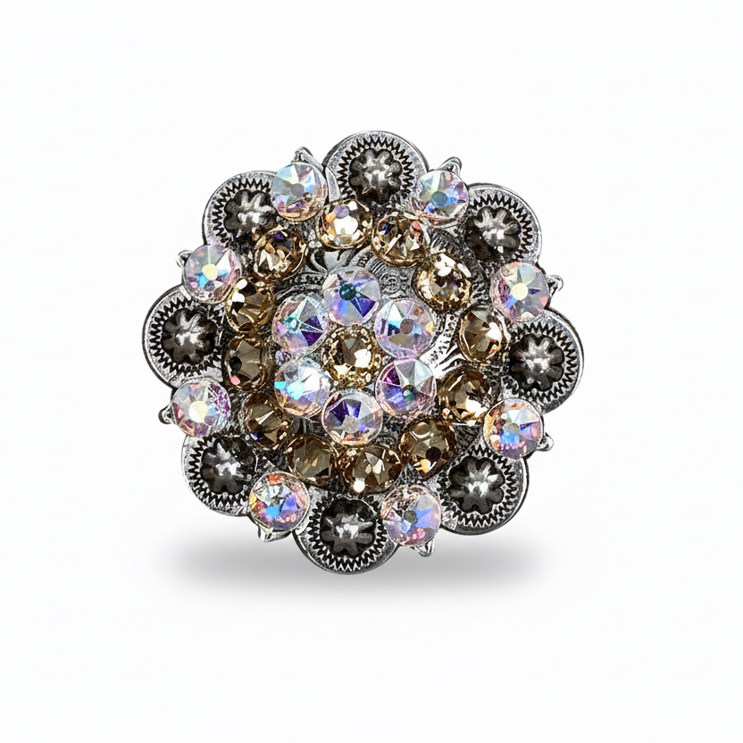Antique Silver Champagne - AB Crystal Conchos | Sizes 1"- 3" | Buckles | Saddle Set | Leather Rosettes | Slide