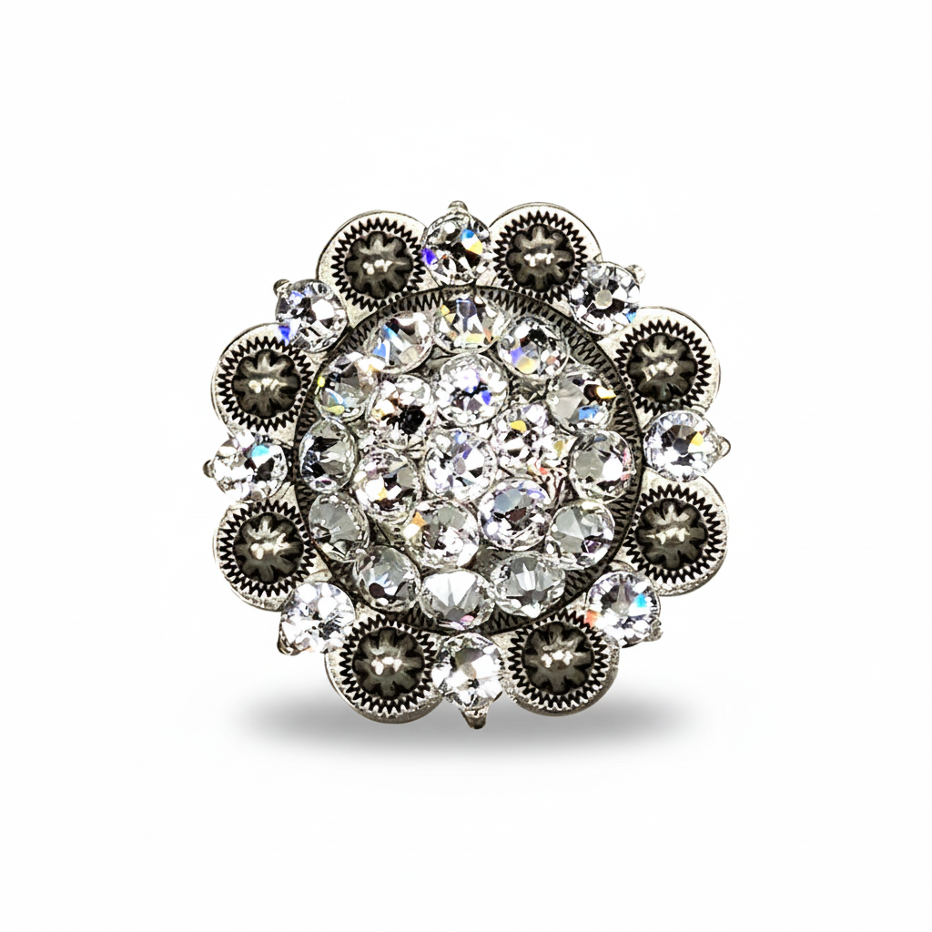 Antique Silver Clear Crystal Conchos | Sizes 1"- 3" | Buckles | Saddle Set | Leather Rosettes | Slide