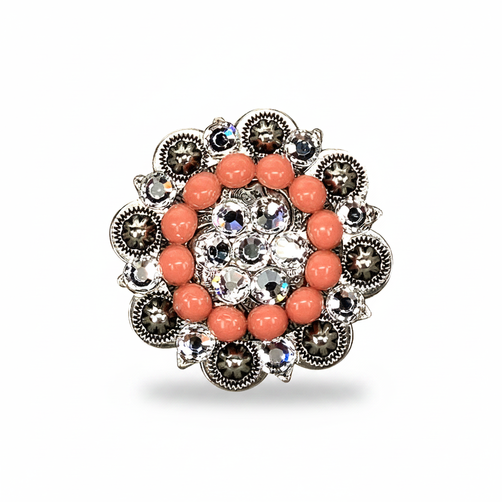 Antique Silver Coral - Clear Crystal Conchos | Sizes 1"- 3" | Buckles | Saddle Set | Leather Rosettes | Slide