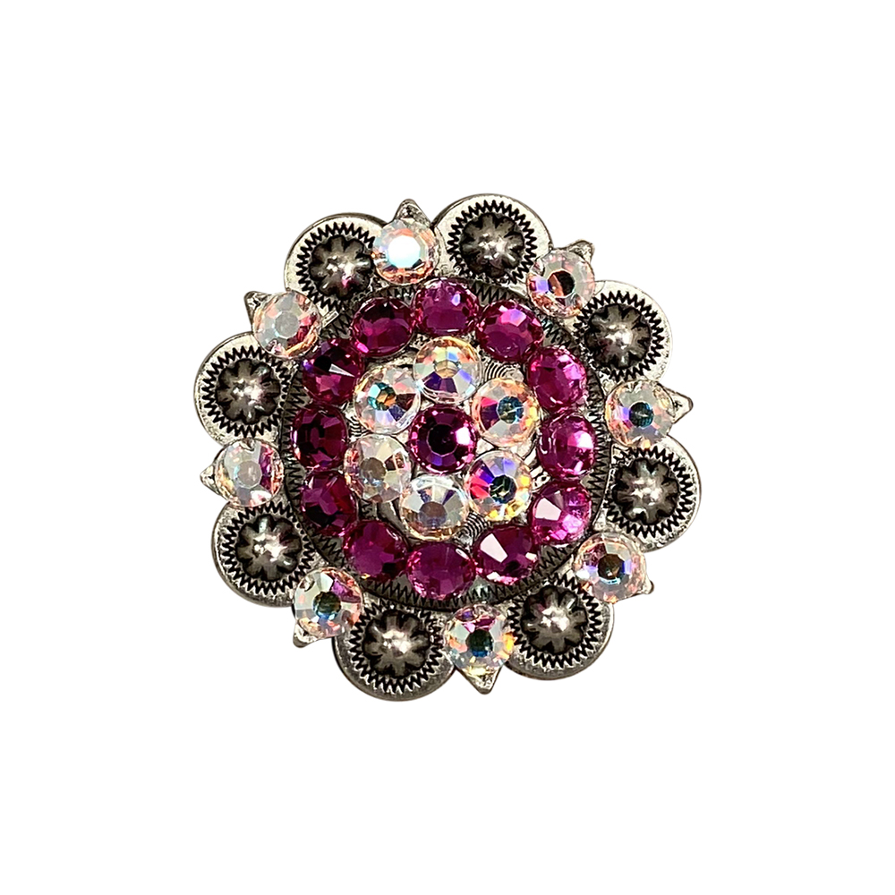 Antique Silver Fuchsia, AB Crystal Conchos - Sizes from 1"- 3" and Buckles