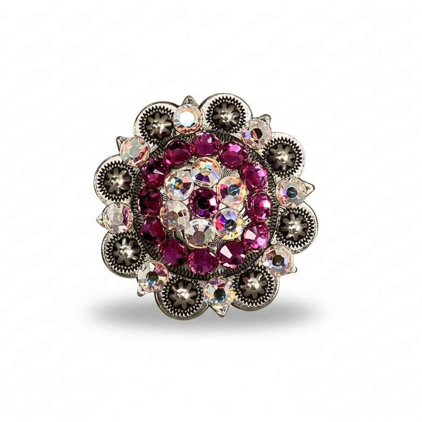 Antique Silver Fuchsia - AB Crystal Conchos | Sizes 1"- 3" | Buckles | Saddle Set | Leather Rosettes | Slide