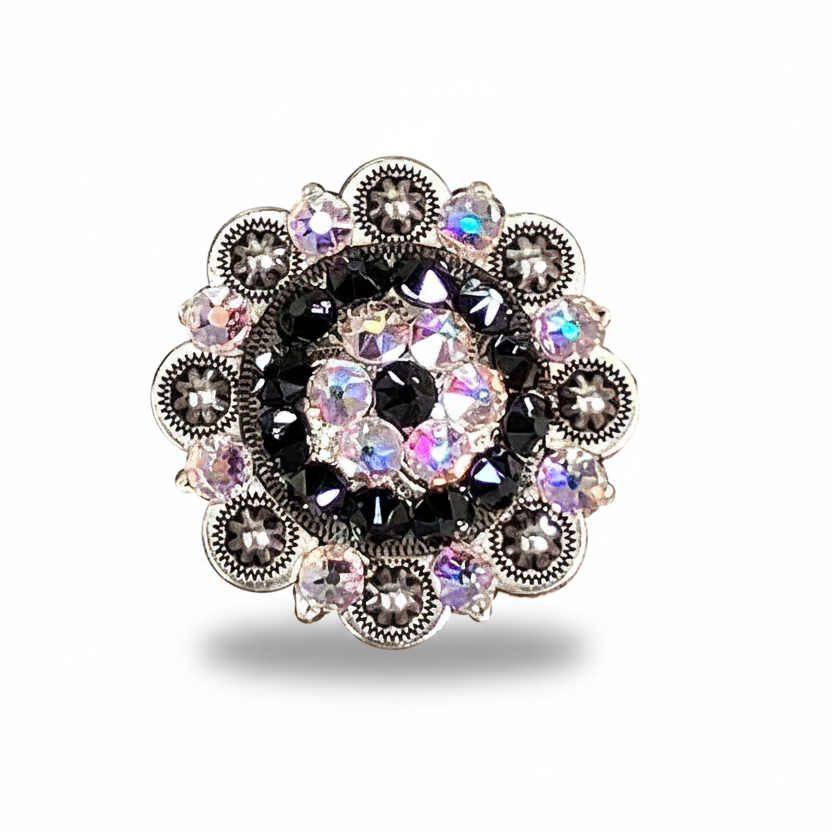 Antique Silver Jet - AB Crystal Conchos | Sizes 1"- 3" | Buckles | Saddle Set | Leather Rosettes | Slide