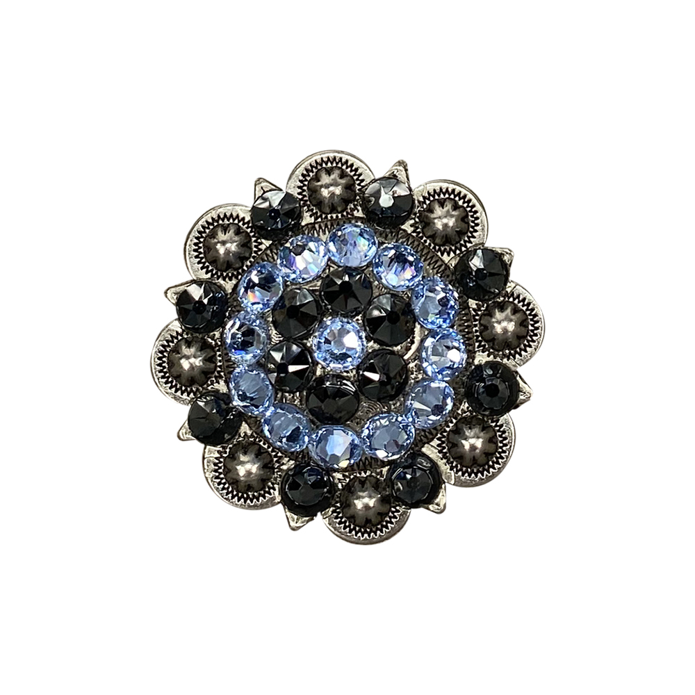 Antique Silver Light Sapphire, Jet Crystal Conchos - Sizes from 1"- 3" and Buckles