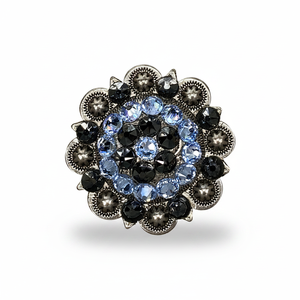 Antique Silver Light Sapphire - Jet Crystal Conchos | Sizes 1"- 3" | Buckles | Saddle Set | Leather Rosettes | Slide