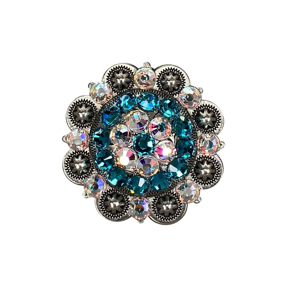 Antique Silver Teal, AB Crystal Conchos - Sizes from 1