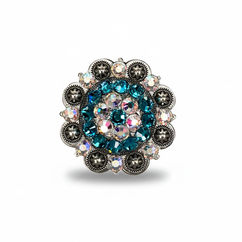 Antique Silver Teal - AB Crystal Conchos | Sizes 1"- 3" | Buckles | Saddle Set | Leather Rosettes | Slide