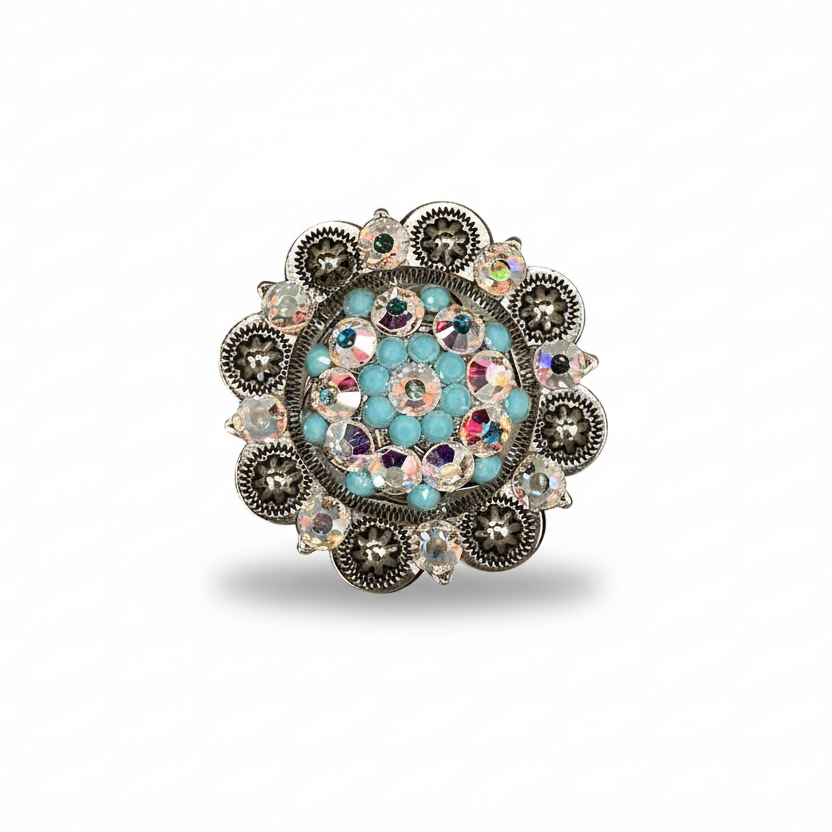 Antique Silver Turquoise - AB Crystal Conchos | Sizes 1"- 3" | Buckles | Saddle Set | Leather Rosettes | Slide
