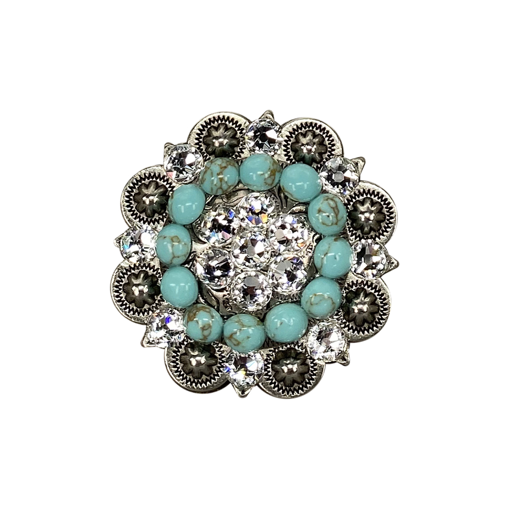 Antique Silver Turquoise, Clear Crystal Conchos - Sizes from 1