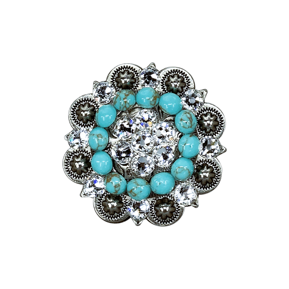 Fashion Turquoise & Clear Antique Silver 2" European Crystal Concho - RODEO DRIVE
