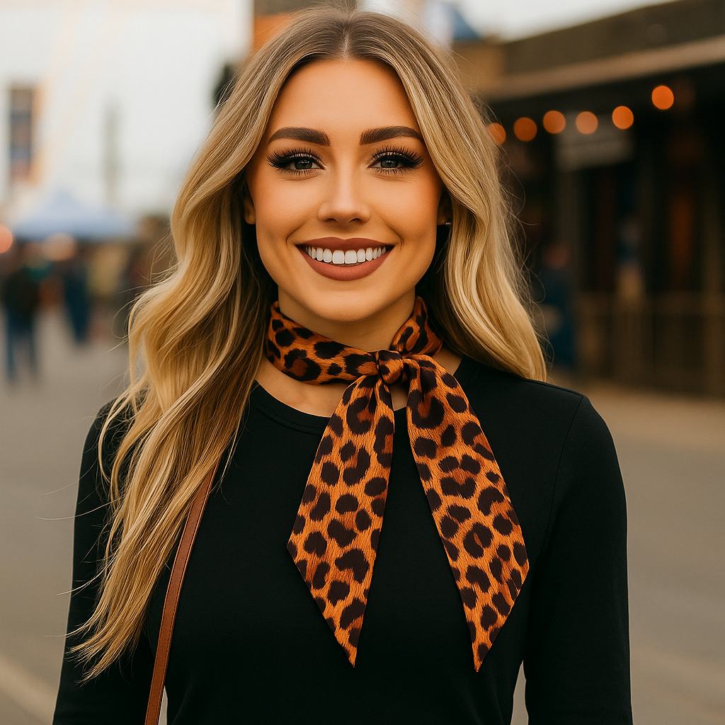 Woman wearing a leopard print scarf in an urban setting