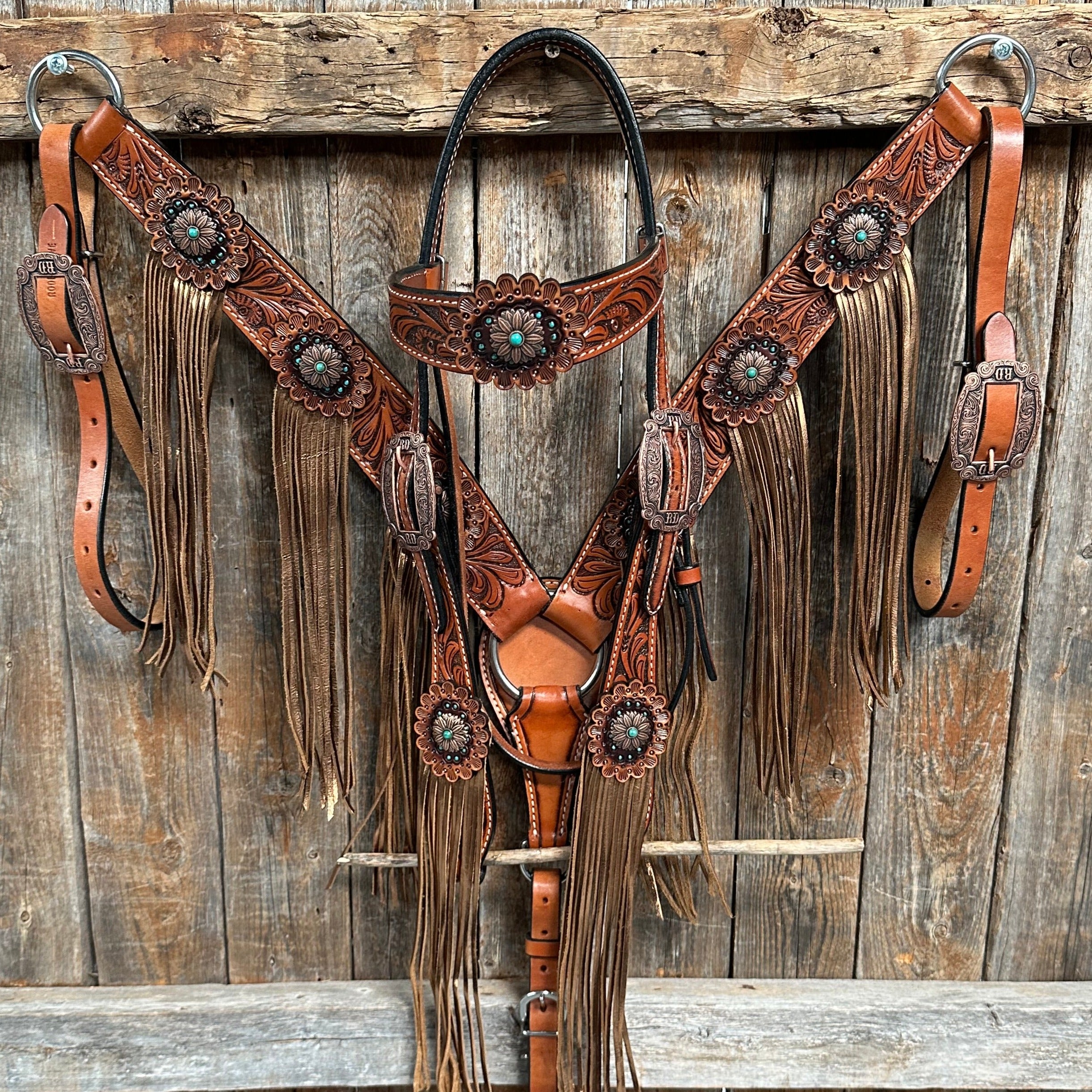 Honey Colored Floral Copper and Turquoise Tack Set  #BBBC529