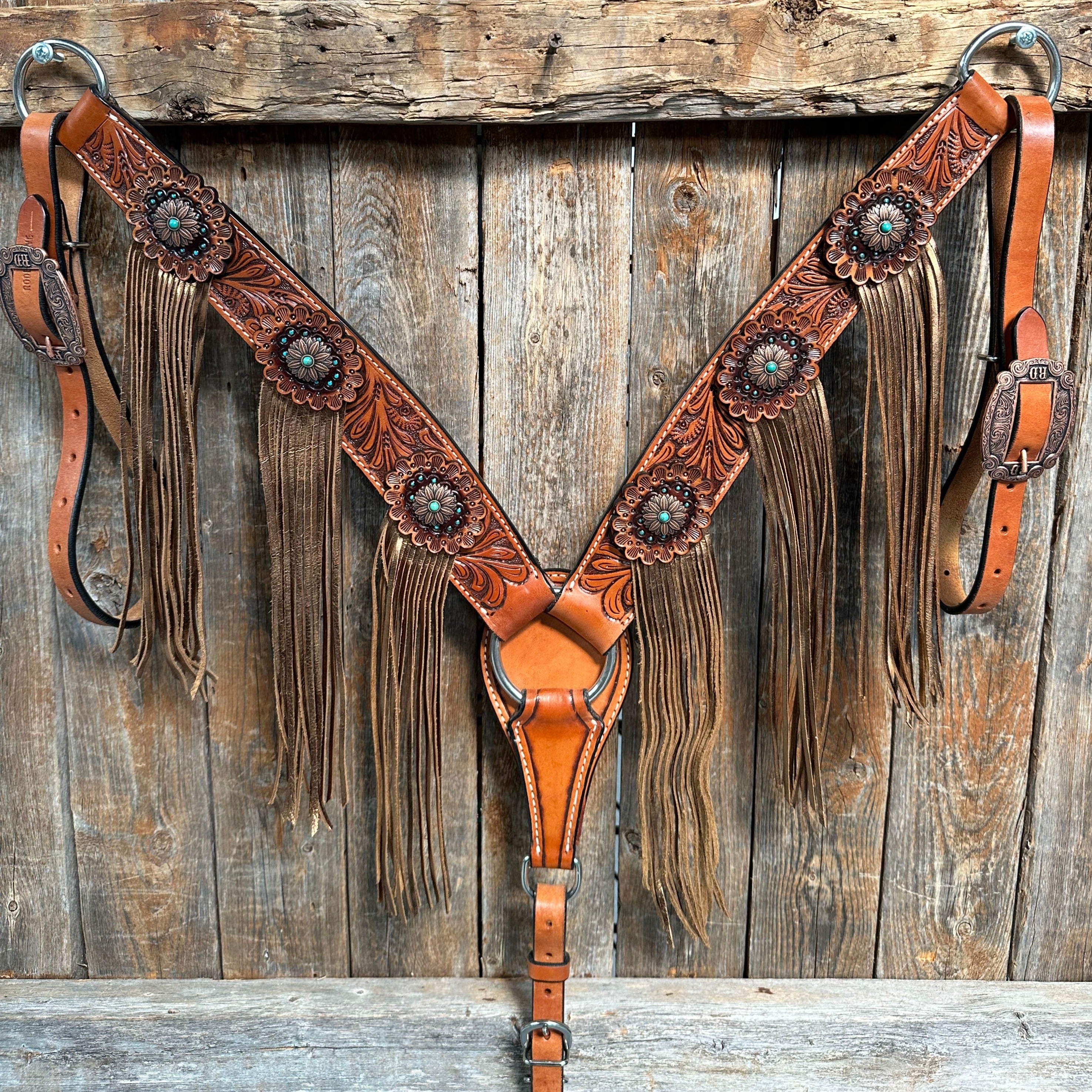 Honey Colored Floral Copper and Turquoise Tack Set  #BBBC529