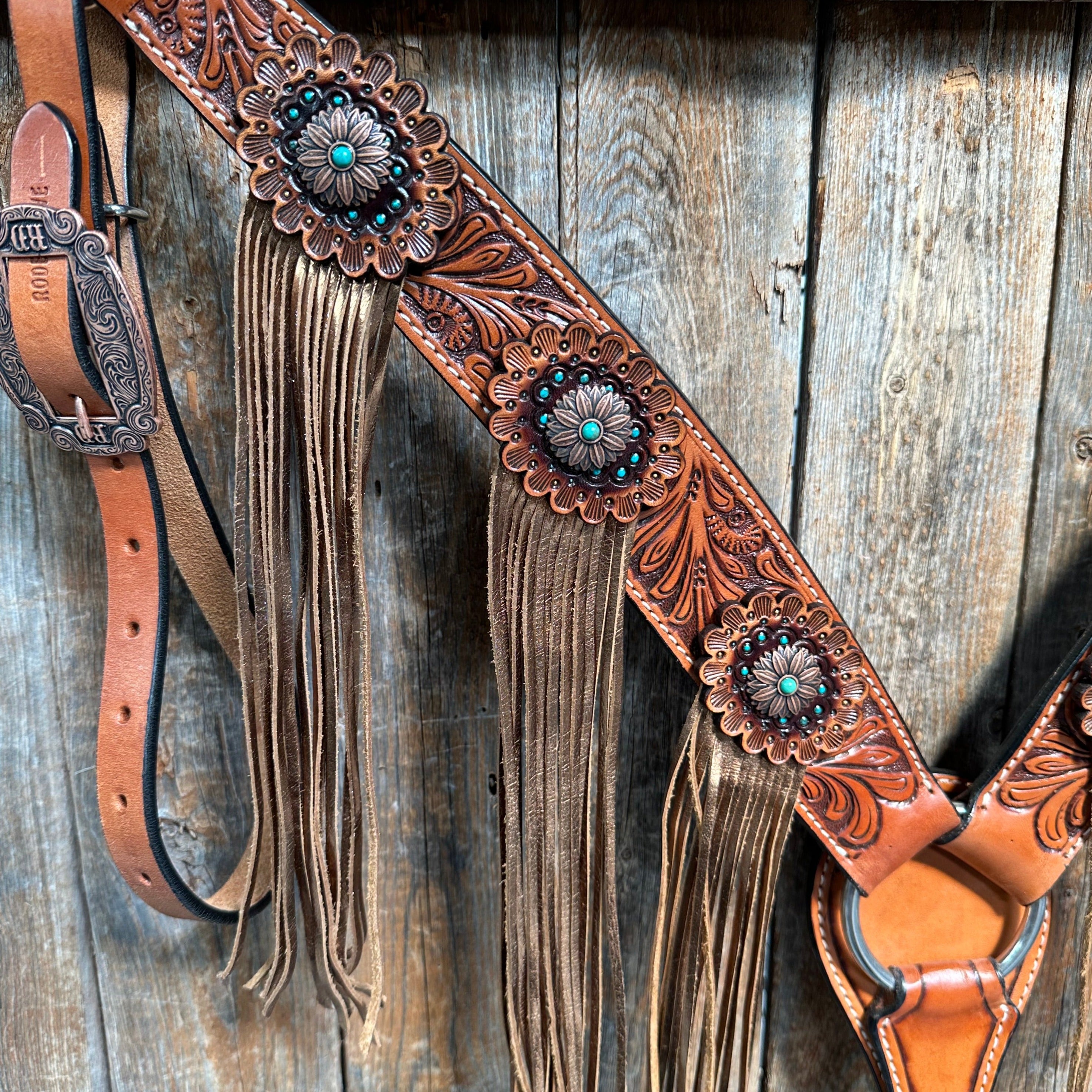 Honey Colored Floral Copper and Turquoise Tack Set  #BBBC529