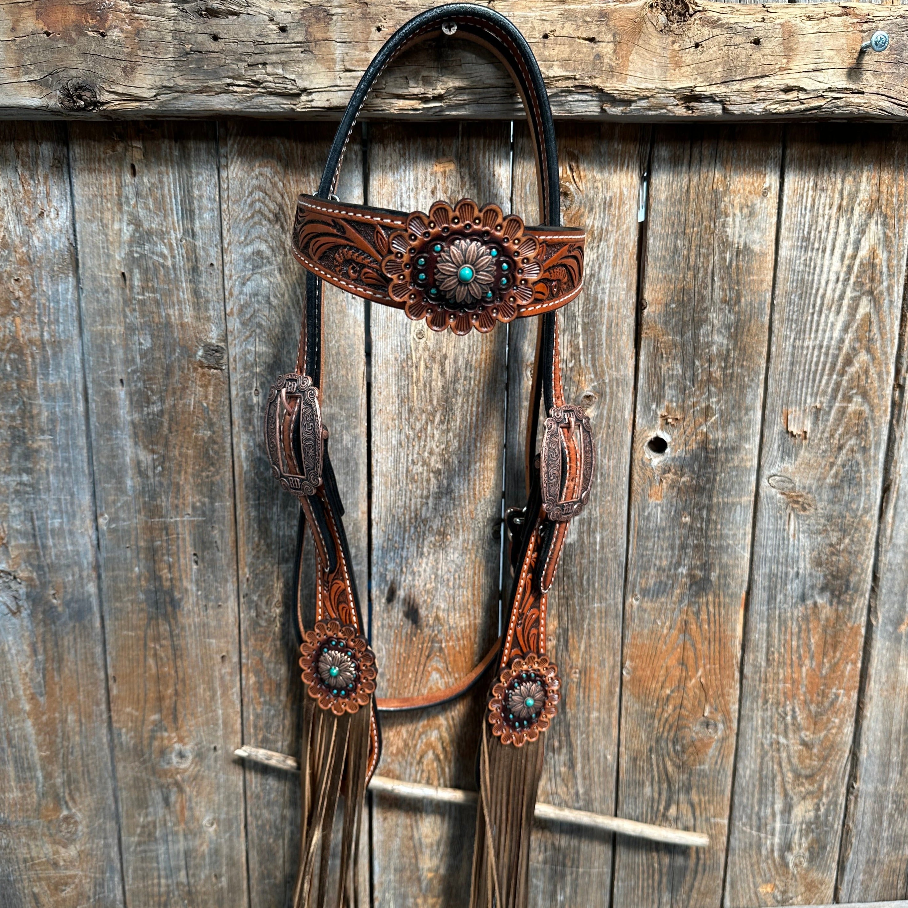 Honey Colored Floral Copper and Turquoise Tack Set  #BBBC529