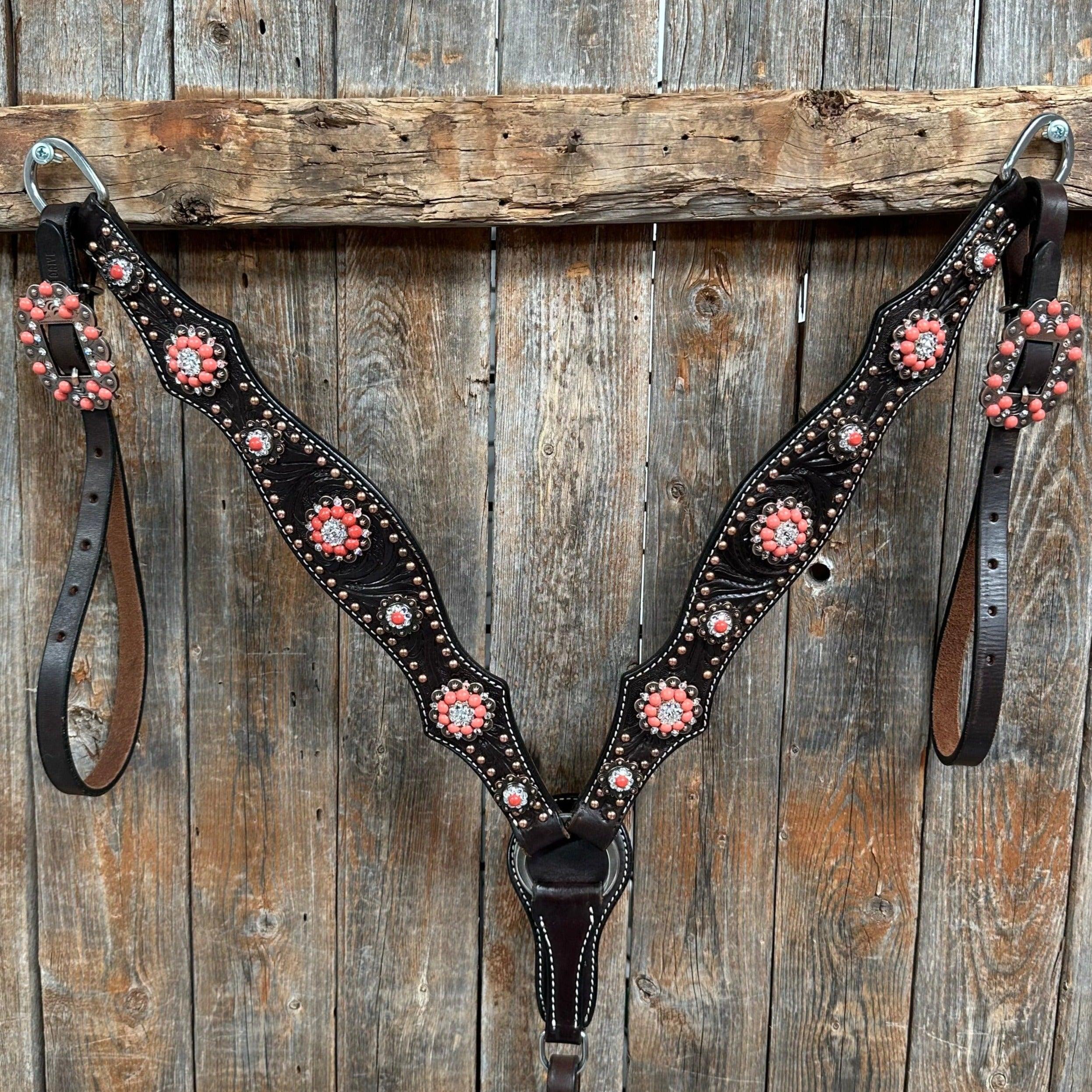 Dark Oil Floral Copper Dot Copper and Coral Browband / Breastcollar #BBBC547 - RODEO DRIVE