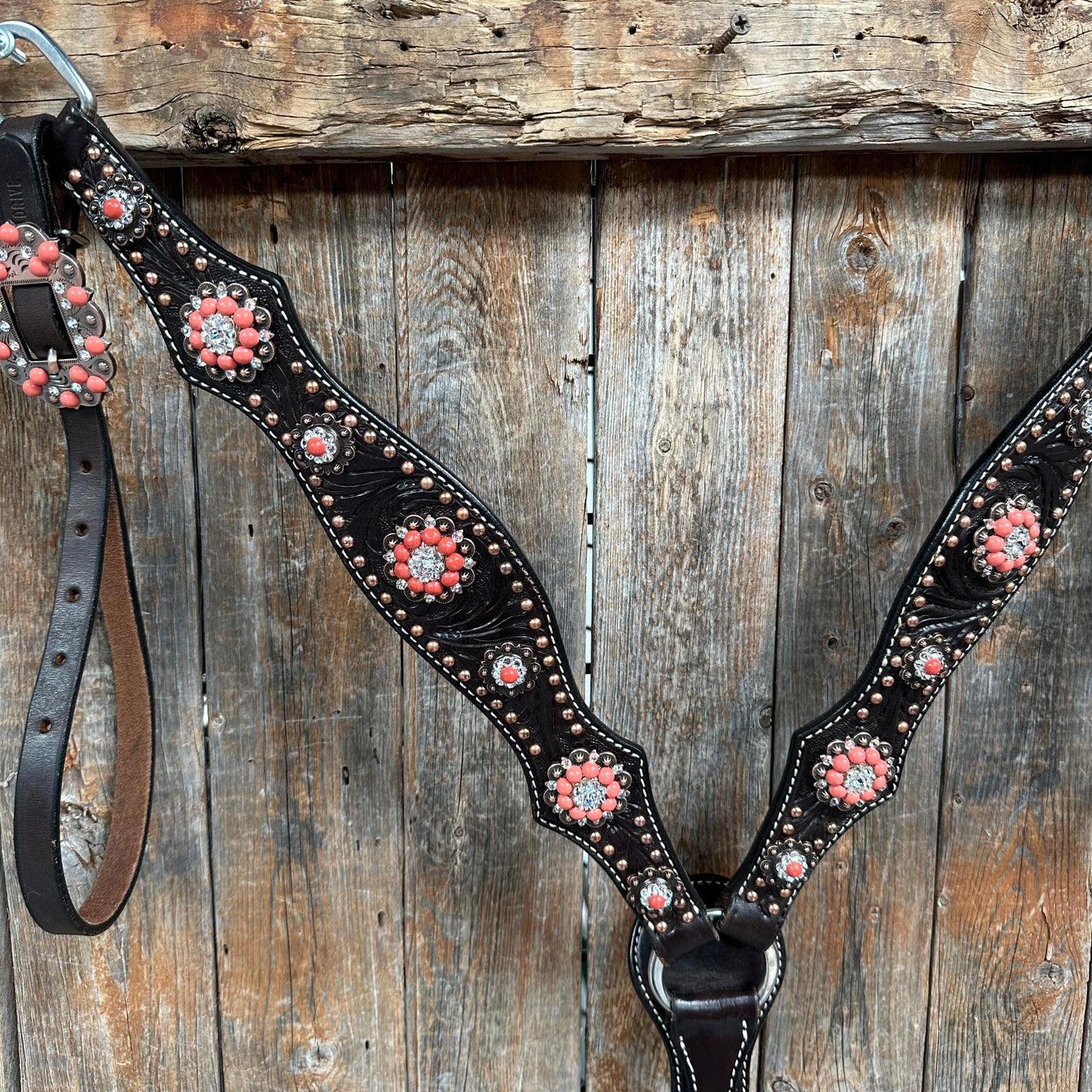 Dark Oil Floral Copper Dot Copper and Coral Browband / Breastcollar #BBBC547 - RODEO DRIVE