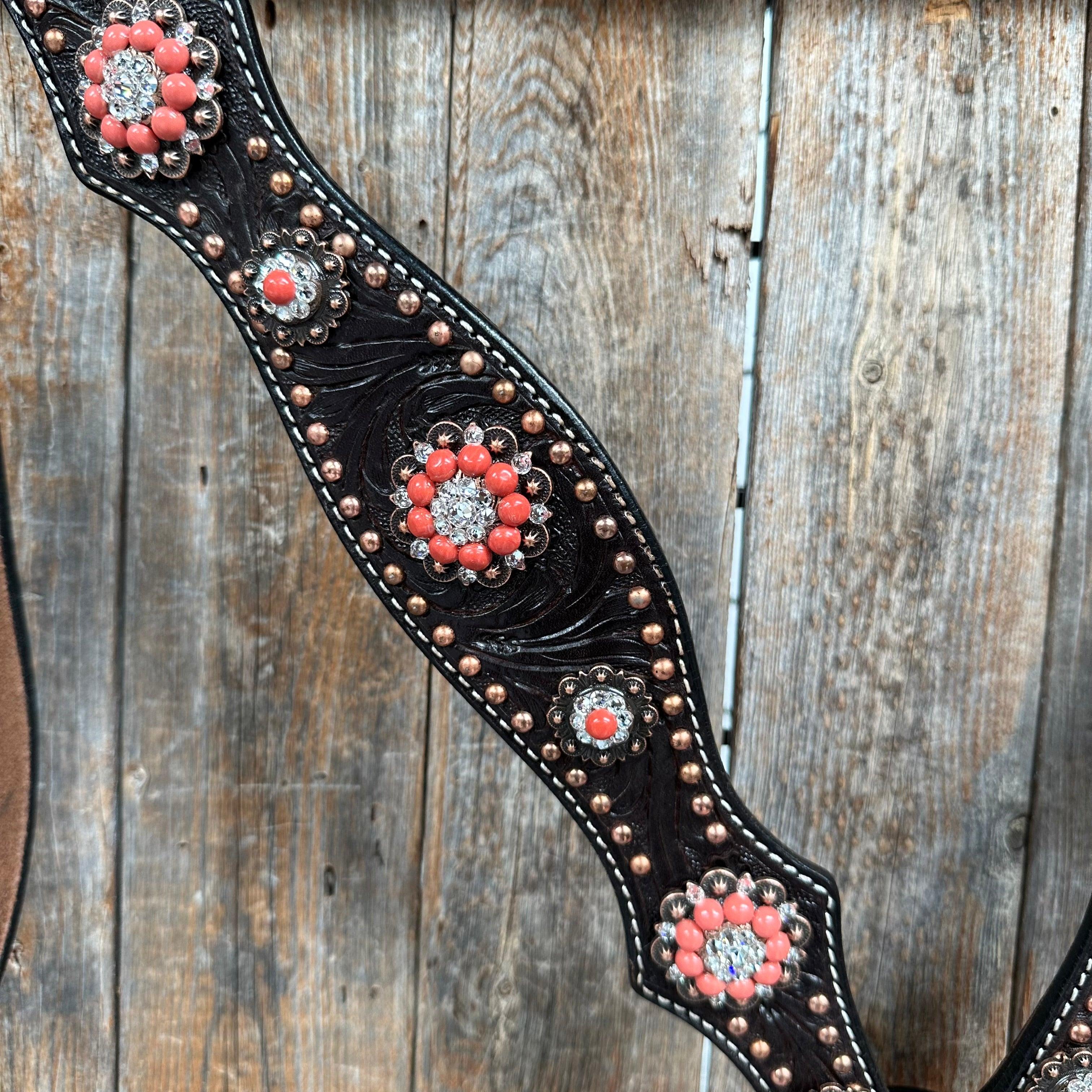 Dark Oil Floral Copper Dot Copper and Coral Browband / Breastcollar #BBBC547 - RODEO DRIVE