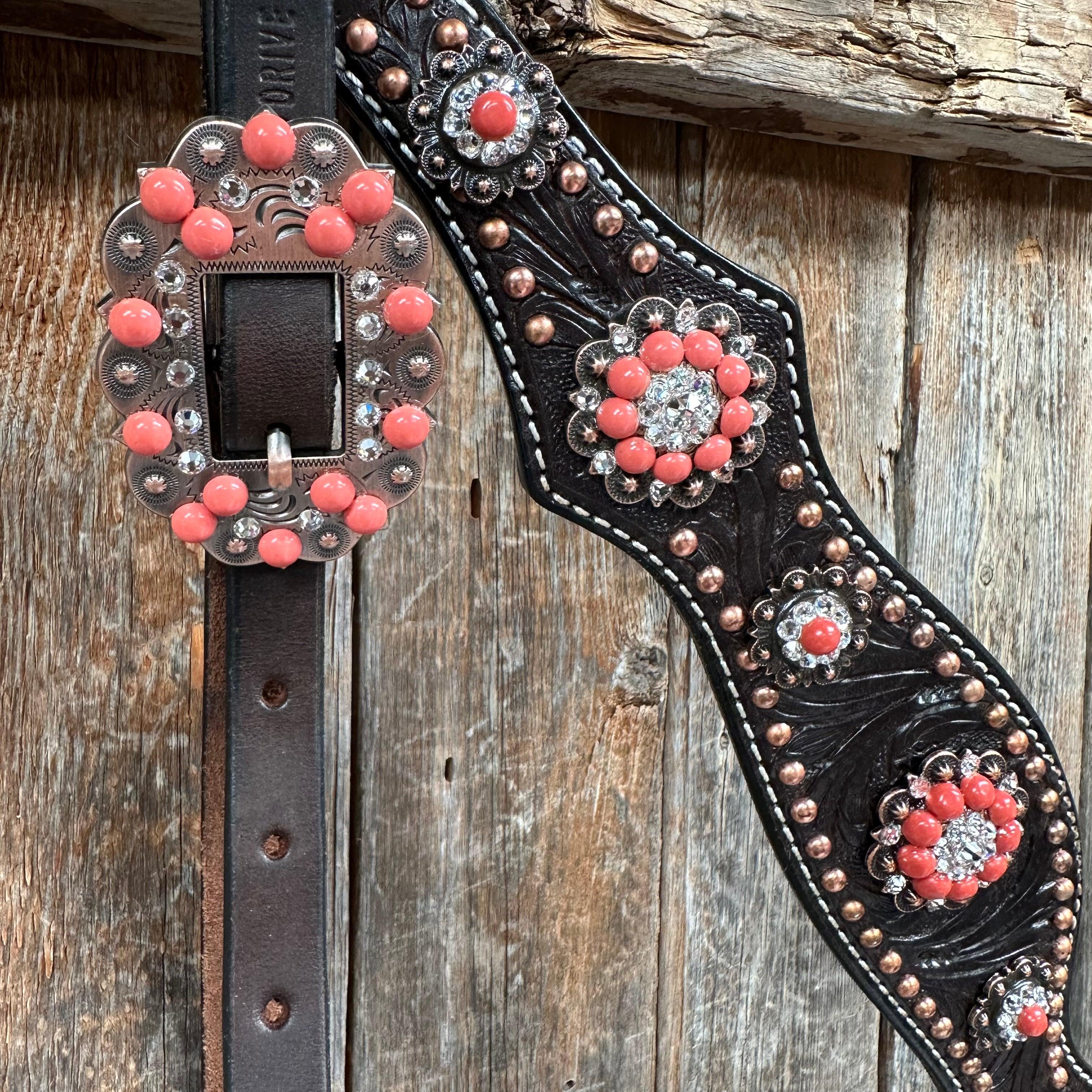 Dark Oil Floral Copper Dot Copper and Coral Browband / Breastcollar #BBBC547 - RODEO DRIVE