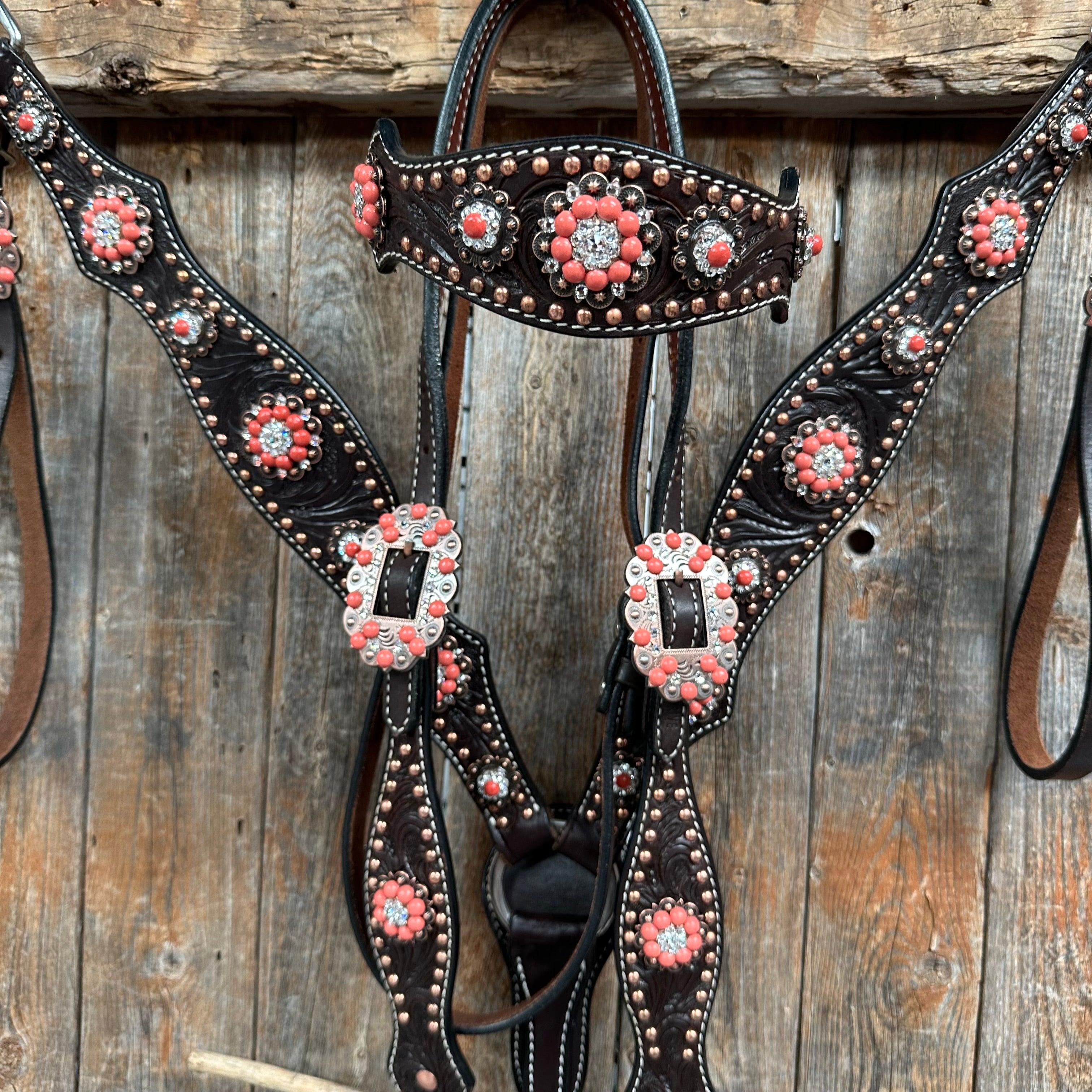 Dark Oil Floral Copper Dot Copper and Coral Browband / Breastcollar #BBBC547 - RODEO DRIVE